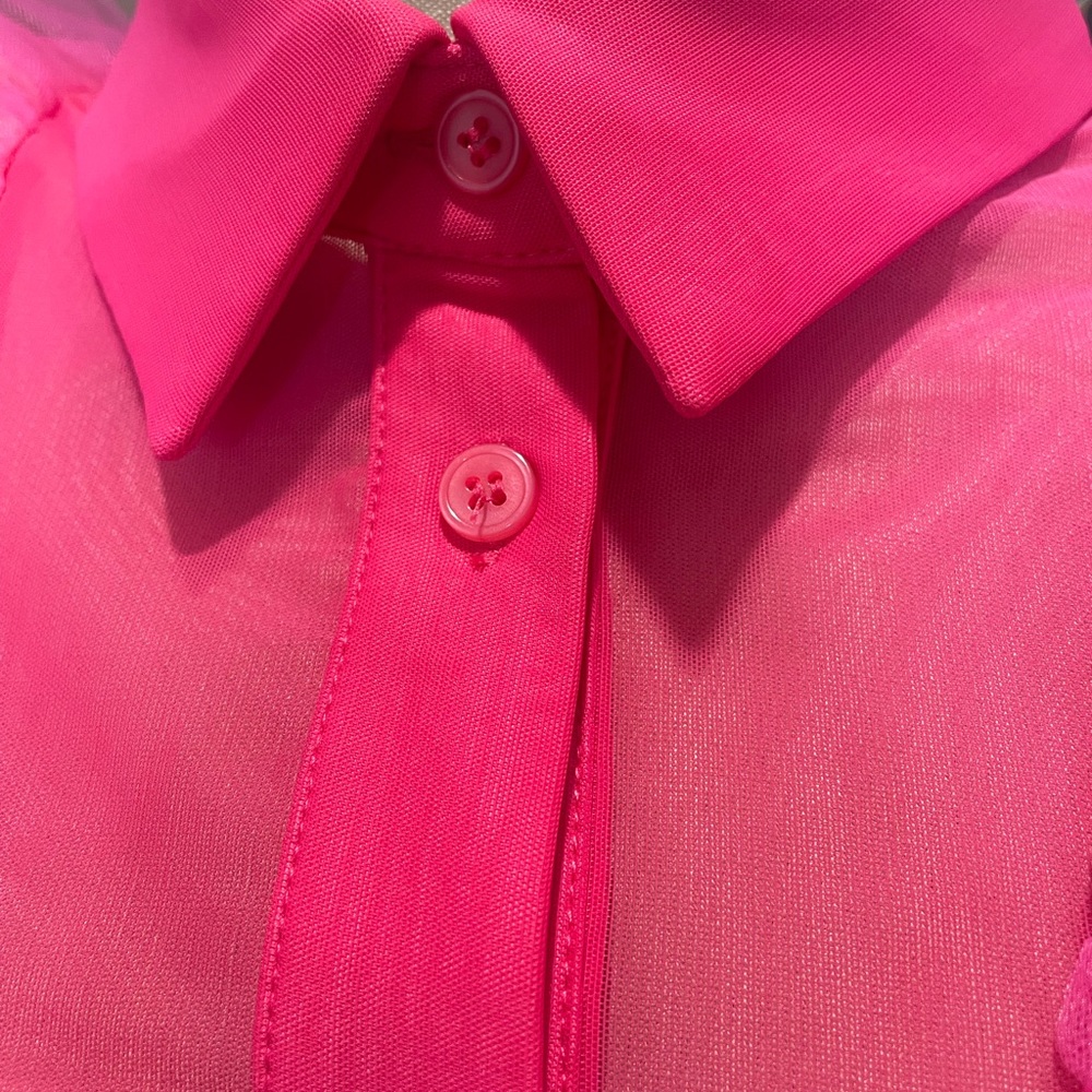 Women's Pink Ruffle Button-Down Shirt - Statement Dressy Top - Picture 3 of 4